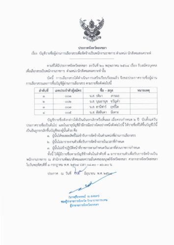 ประกาศบัญชีรายชื่อผู้ผ่านการเลือกสรรเพื่อจัดจ้างเป็นพนักงานราชการ ตำแหน่ง นักสังคมสงเคราะห์